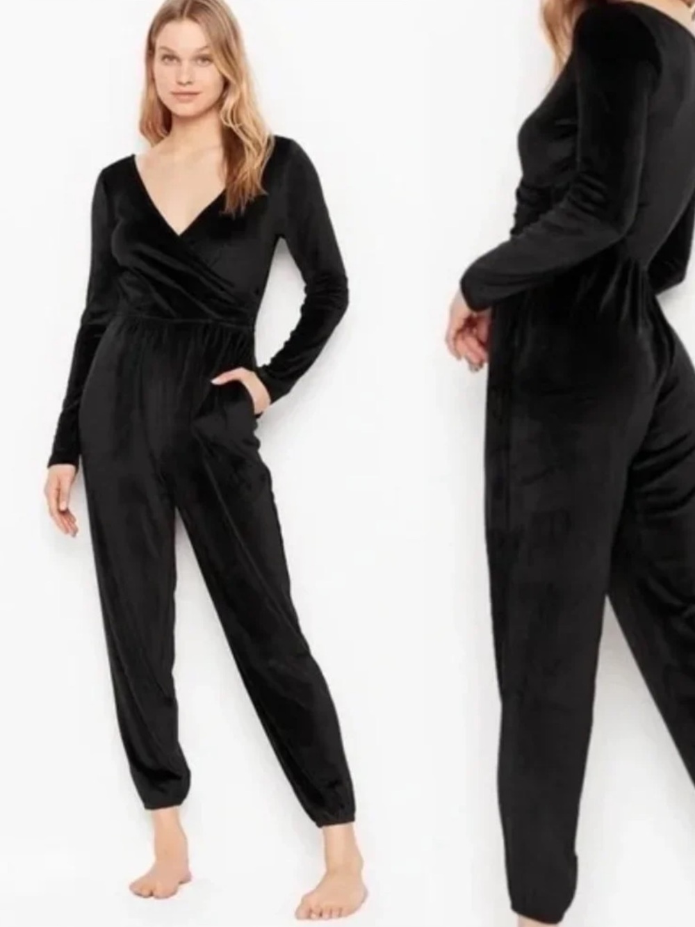 Victoria's Secret Black Velvet/Velour Long-Sleeve Wrap Jumpsuit/ Romper